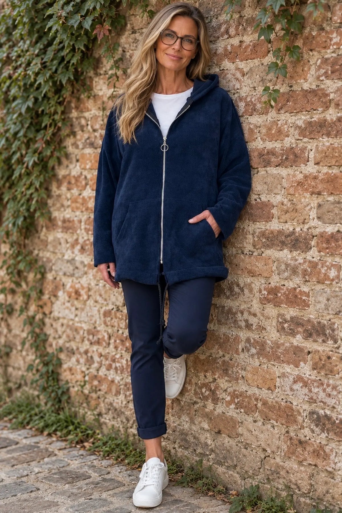 Double Pocket Chenille Zipped Cassie Hoodie - Navy