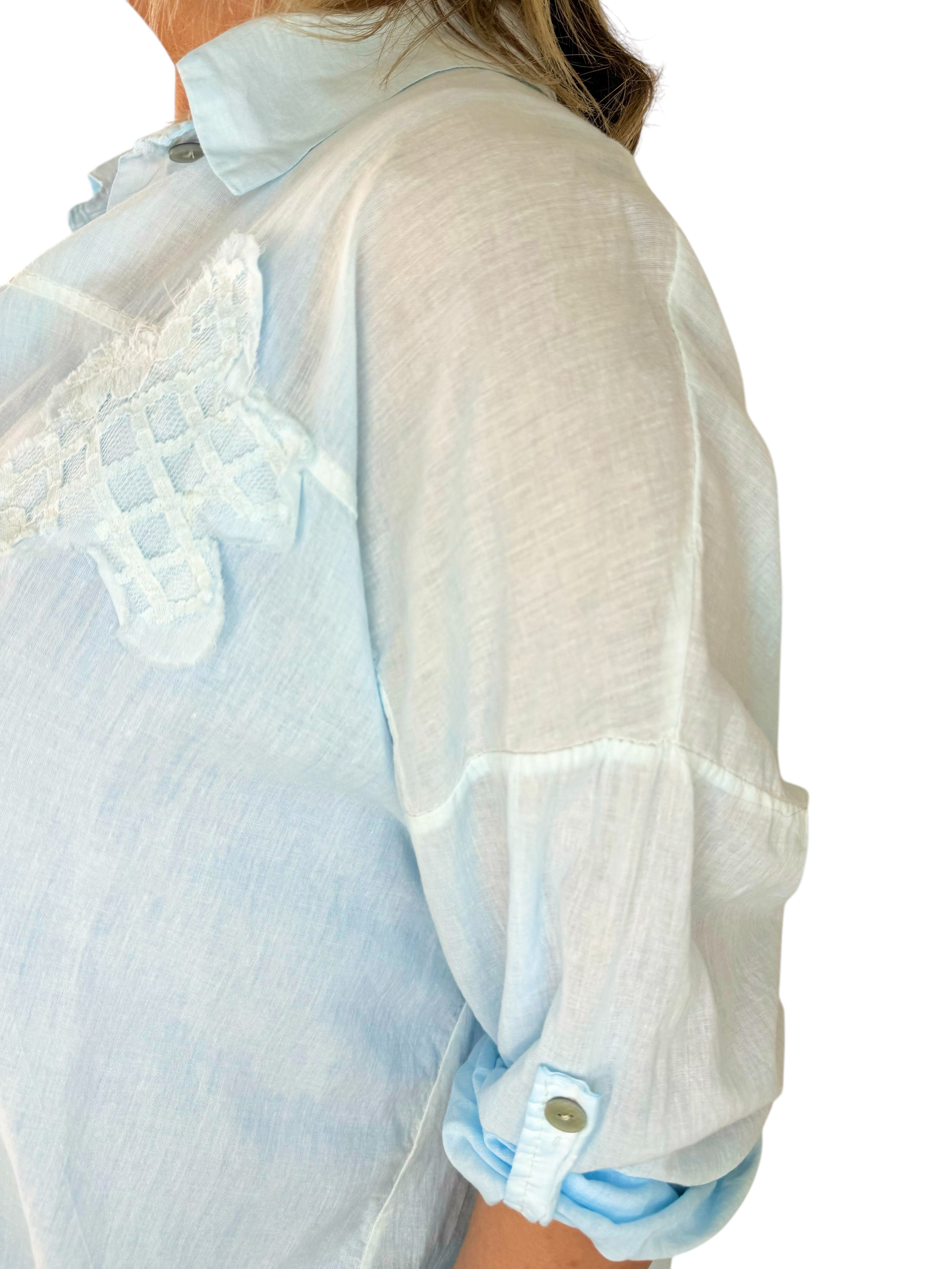 Pure Cotton Alessandra Flower Back Detail Button Sleeve Shirt - Baby Blue