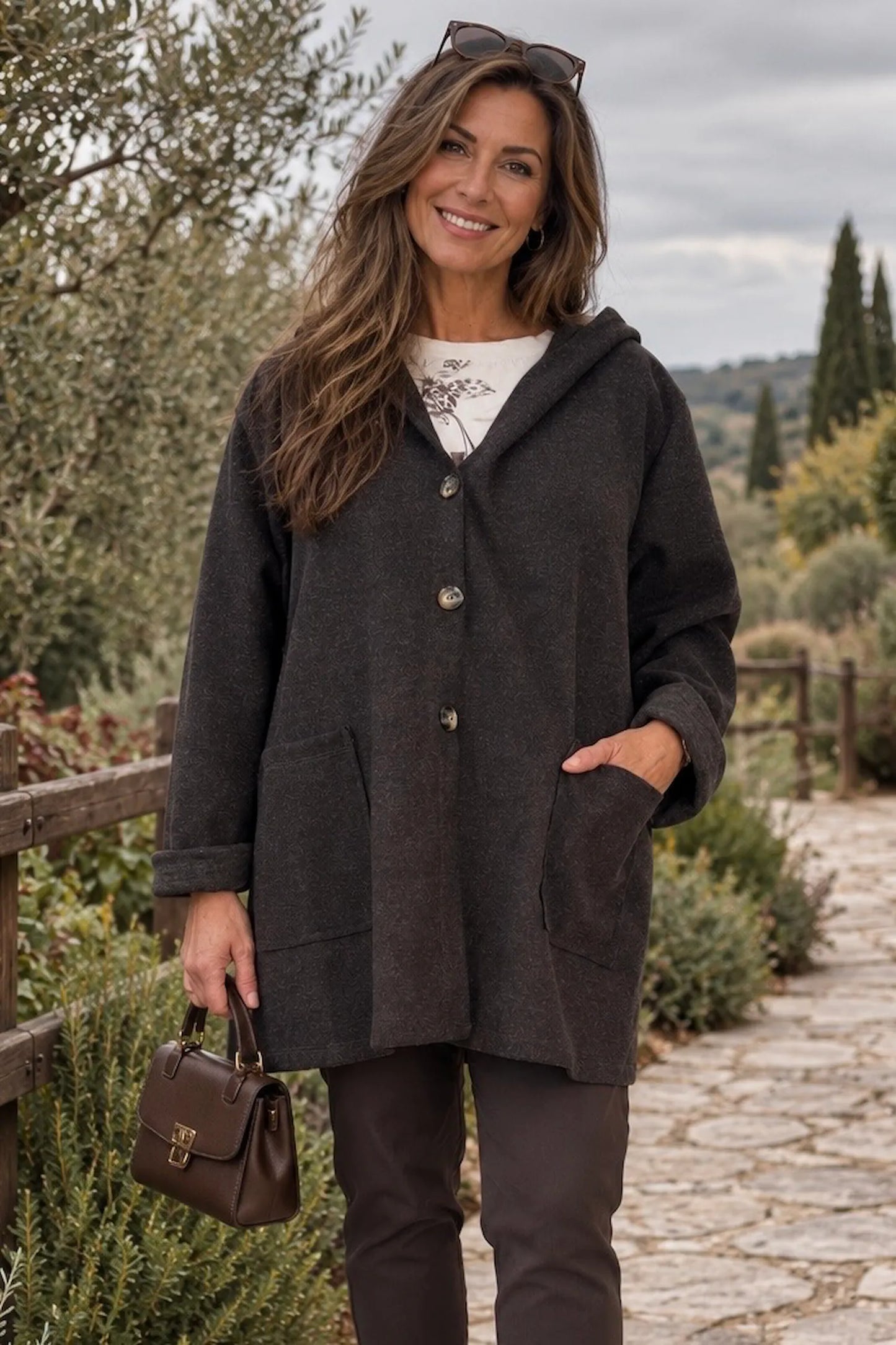 Wool Mix Brushed Double Patch Pocket Italia Button Hooded Coat - Dark Chocolate