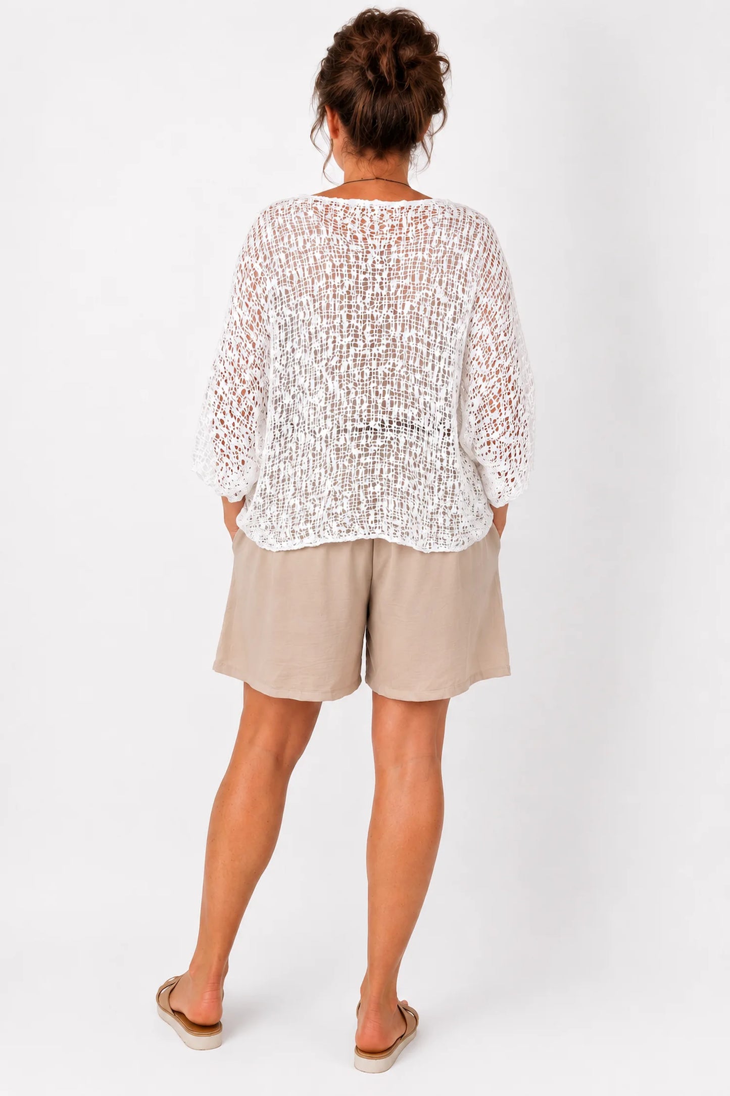 Double Pocket Elasticated Waist Lightweight Flow Mari Shorts - Beige