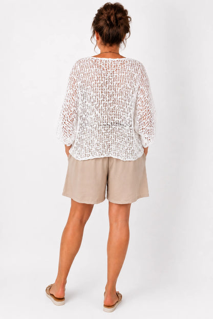 Double Pocket Elasticated Waist Lightweight Flow Mari Shorts - Beige