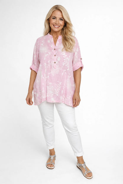 Linen Look Cotton Button Sleeve Ivy Button Shirt - Baby Pink