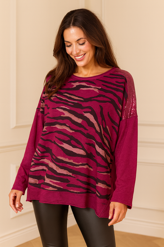 Cotton Sequin Shoulder Amari Top - Black Currant