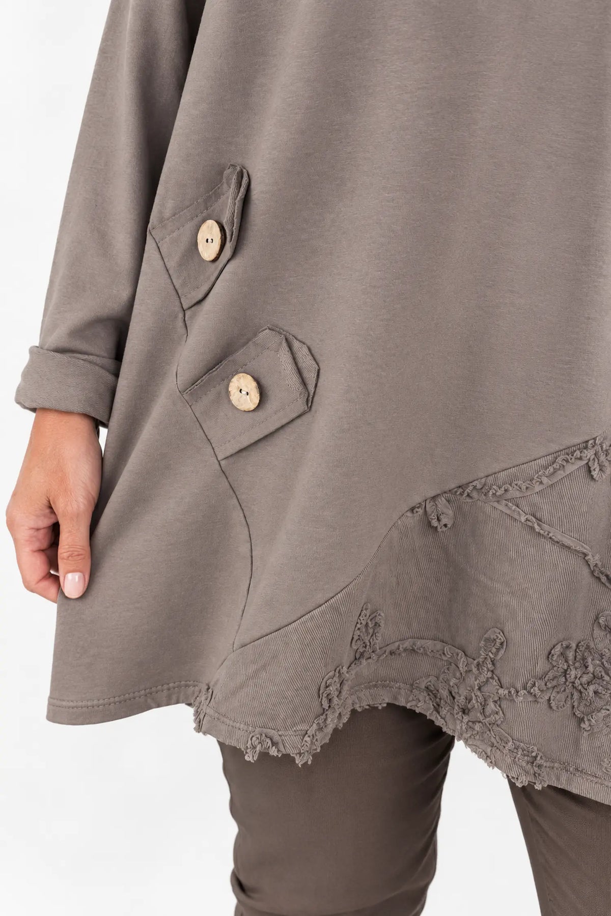 Cotton Button Detail Embroidery Anglaise Needlecord Hem Italia Top - Mocha