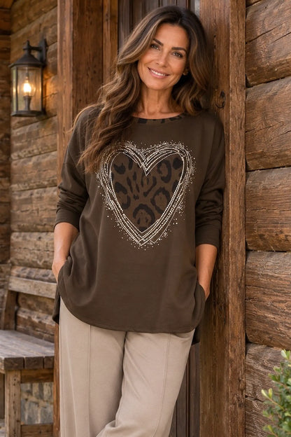 Leopard Trim Diamanté Heart Lexi Top - Chocolate