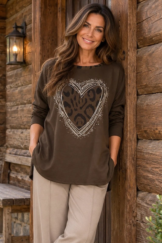 Leopard Trim Diamanté Heart Lexi Top - Chocolate