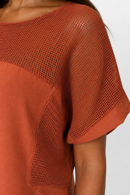 Linen Cotton Mix Mesh Detail Amalfi Pocket Top - Spice Terracotta