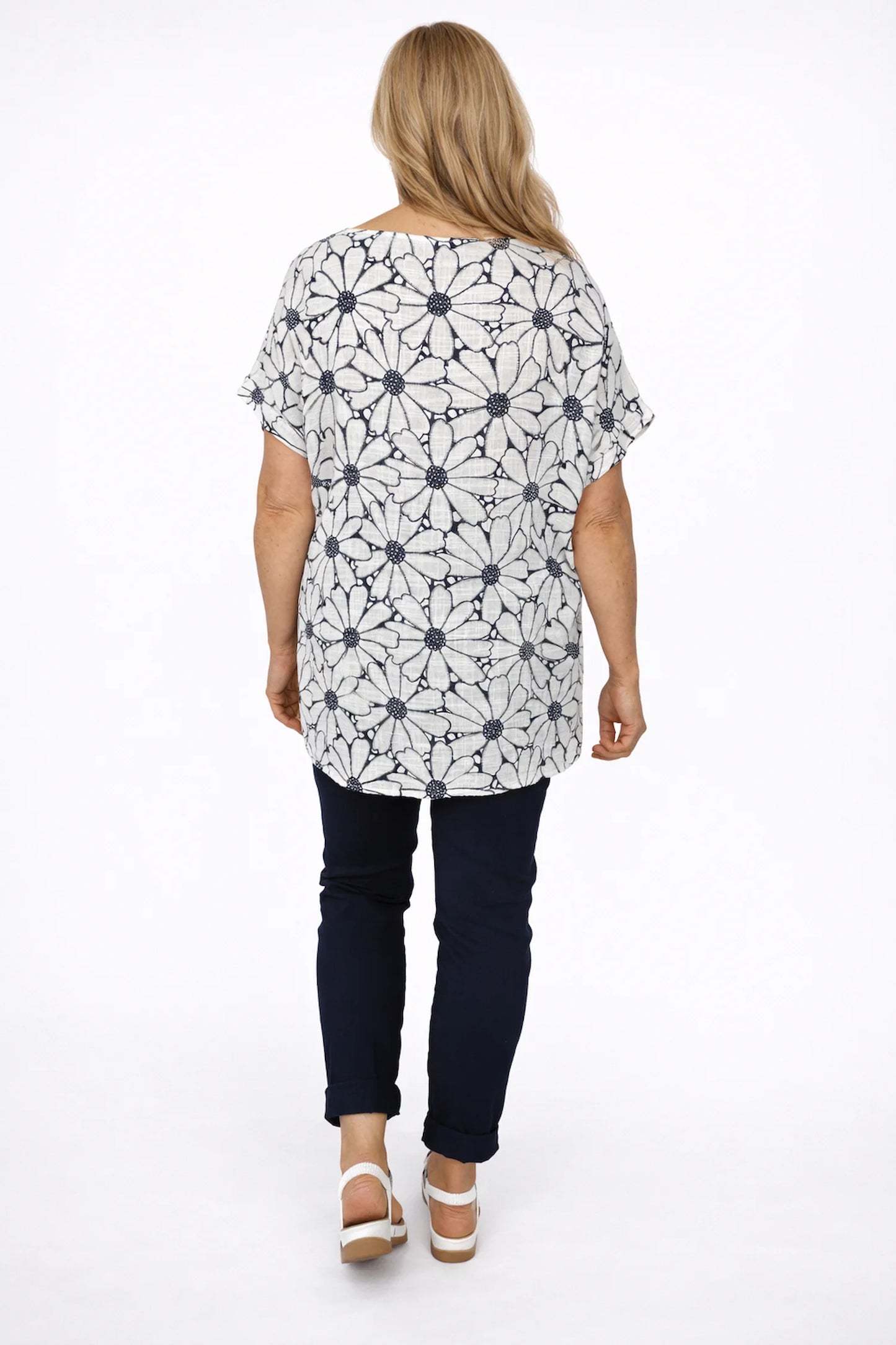 Pure Cotton Velina Floral Necklace Top - Navy