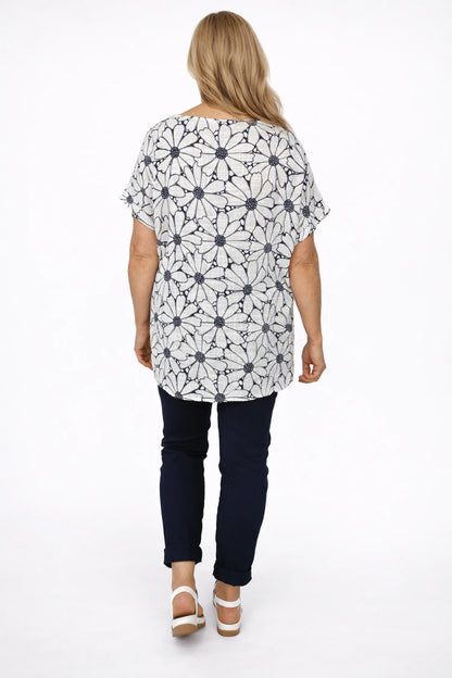Pure Cotton Velina Floral Necklace Top - Navy