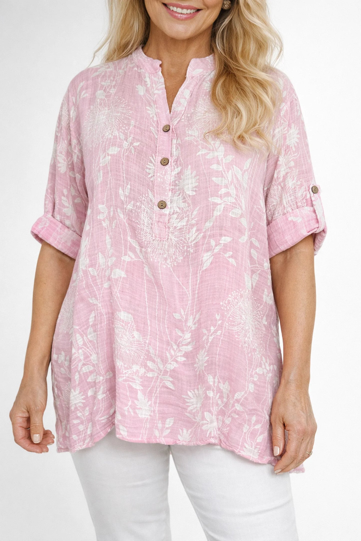 Linen Look Cotton Button Sleeve Ivy Button Shirt - Baby Pink