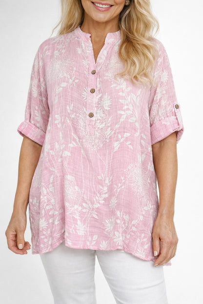 Linen Look Cotton Button Sleeve Ivy Button Shirt - Baby Pink