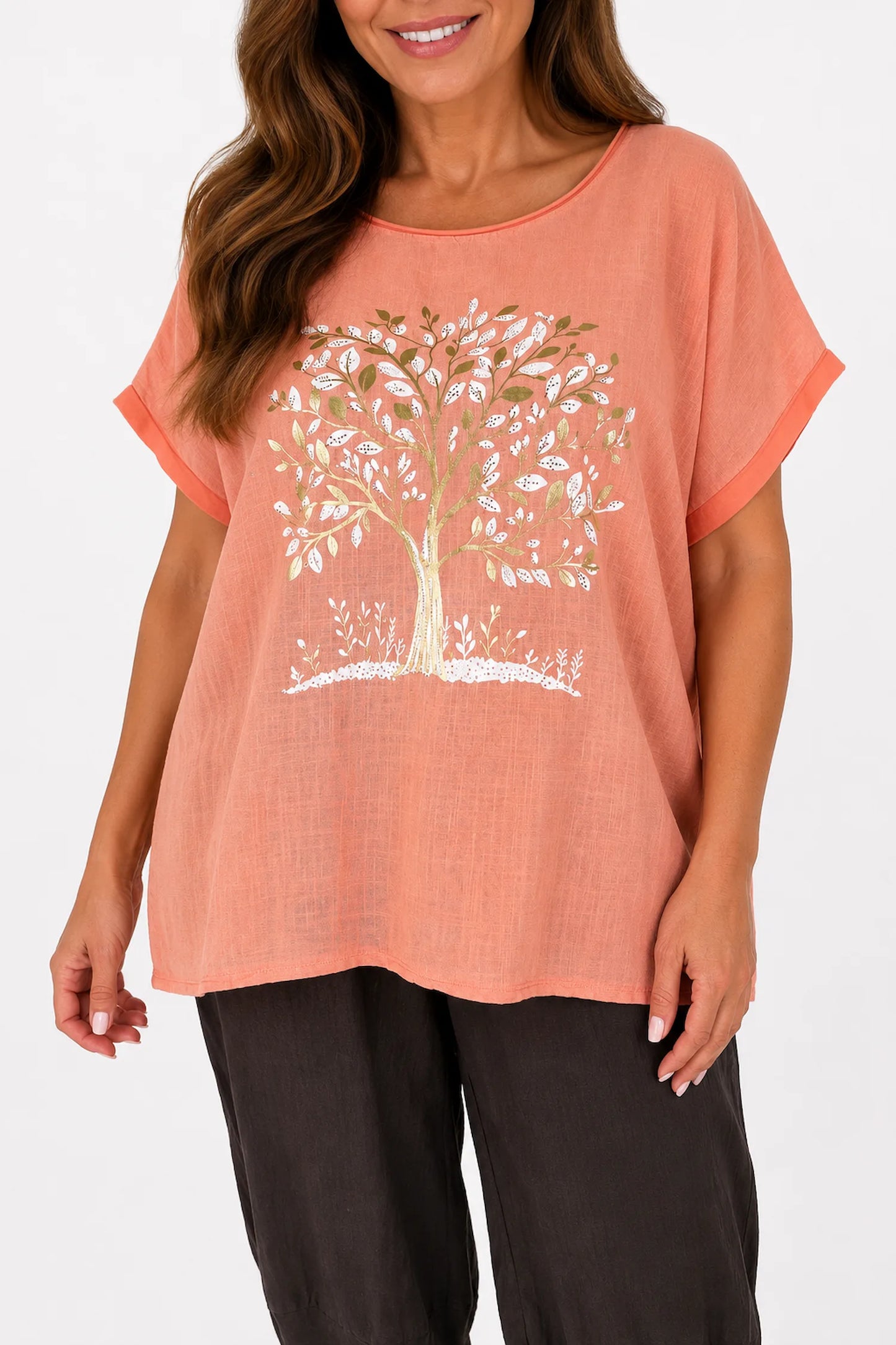 Linen Cotton Mix Diamanté Golden Leaf Carletta Top - Peach