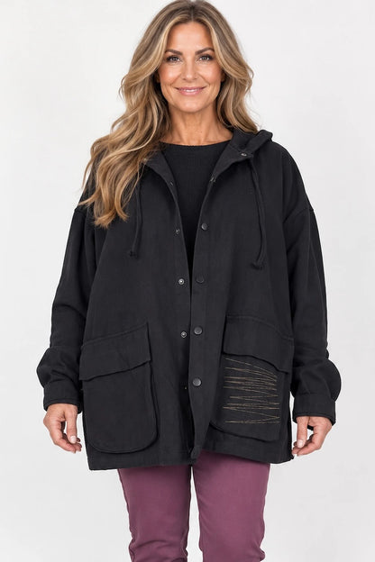 Pure Cotton Double Pocket Button Hooded Tiana Jacket - Black