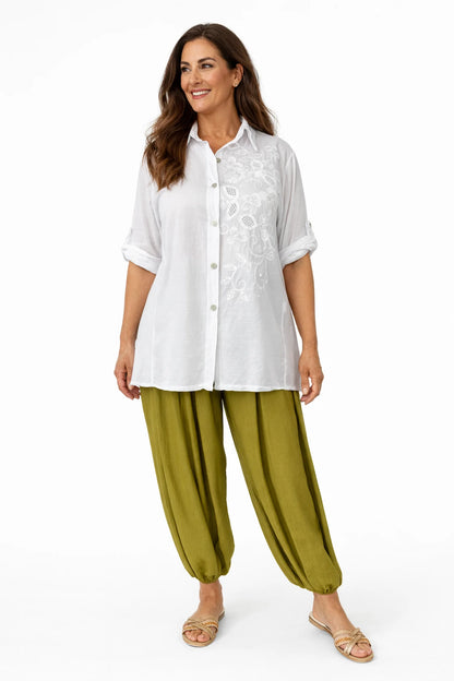 Cotton Embroidered Sequin Floral Button Sleeve Bella Lune Shirt - White