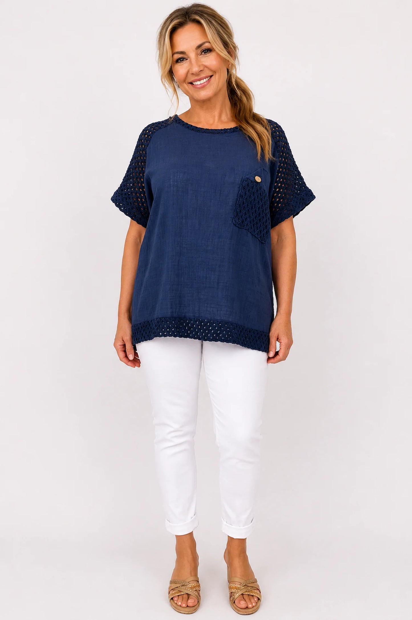 Pure Cotton Crochet Detail Button Pocket Palermo Top - Navy