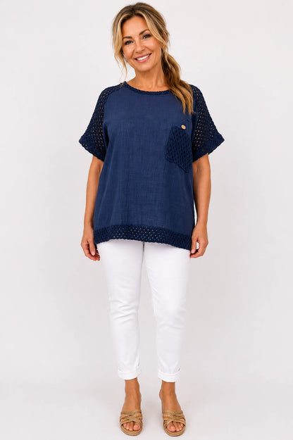 Pure Cotton Crochet Detail Button Pocket Palermo Top - Navy