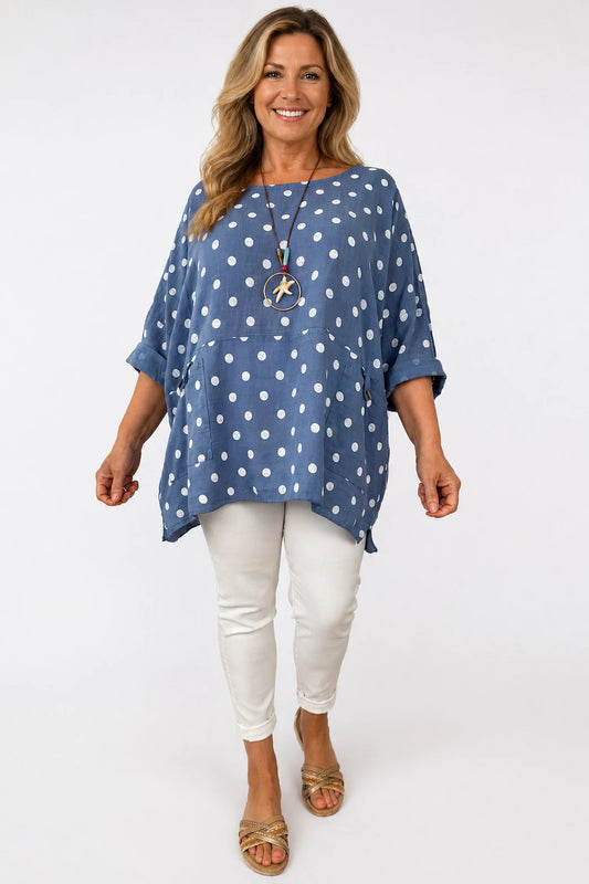 Pure Cotton Double Button Pocket Calista Polka Dot Necklace Top - Coastal Denim