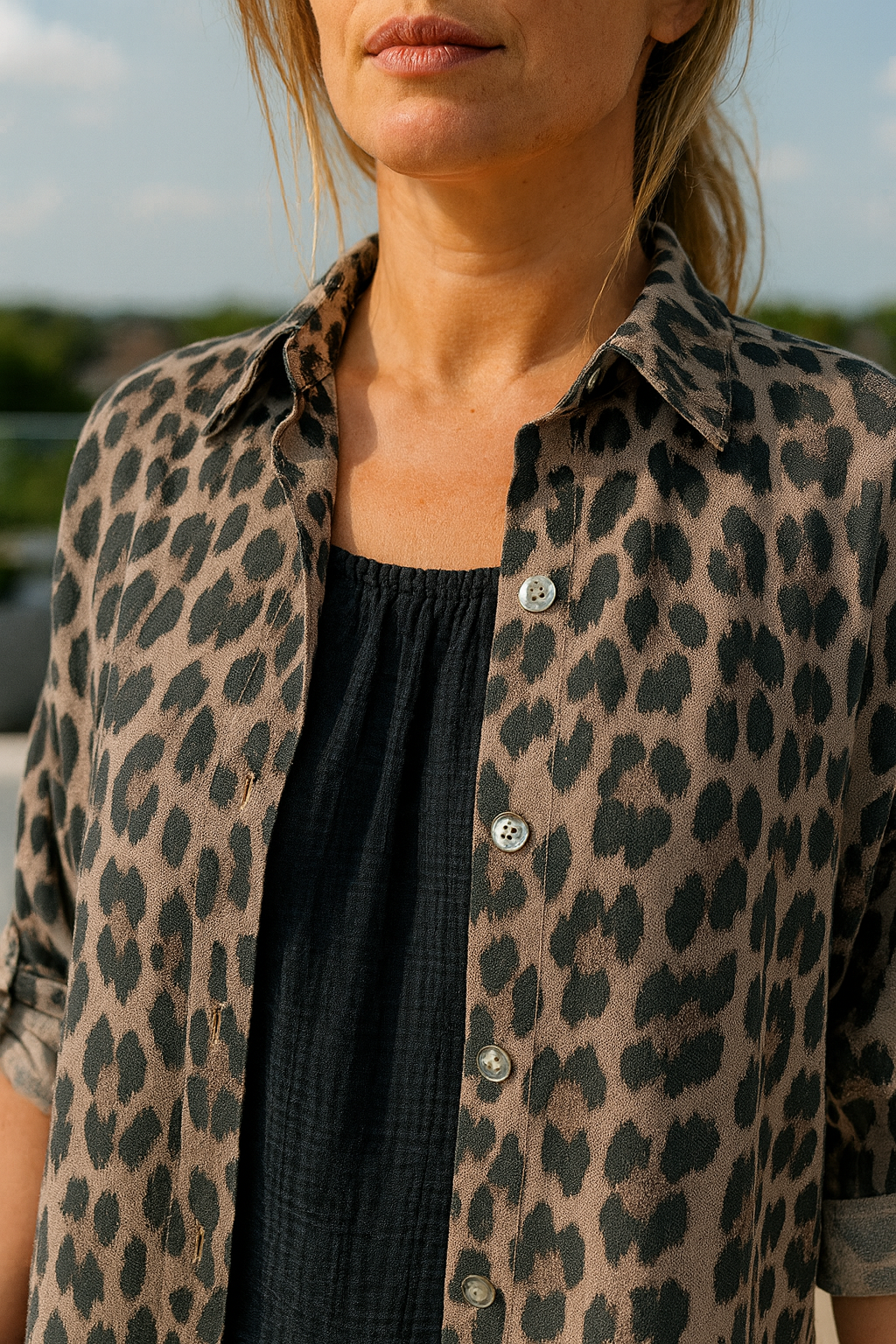 Premium Stitch Button Sleeve Lexi Leopard Print Shirt - Mocha
