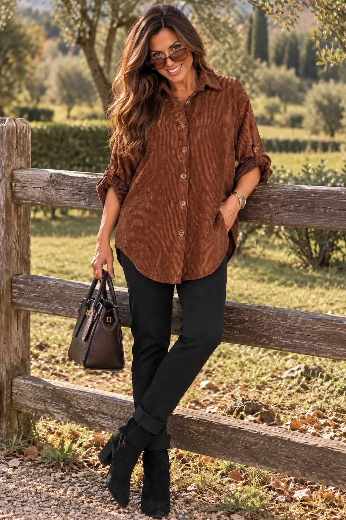 Button Sleeve Sicily Cord Button Shirt - Chestnut
