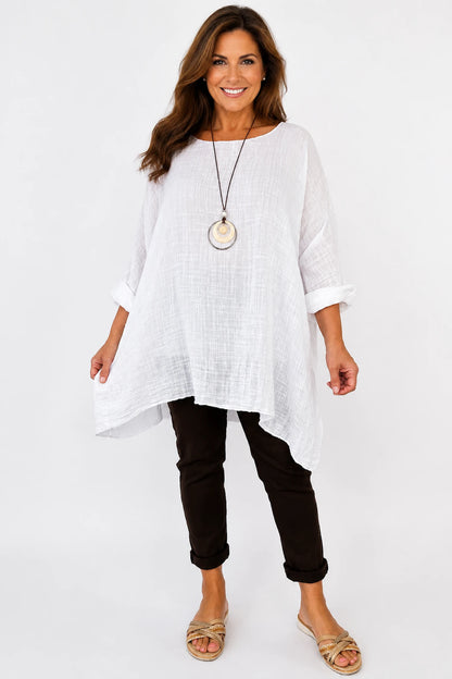 Cotton Fully Lined Isabel Necklace Batwing Top - White