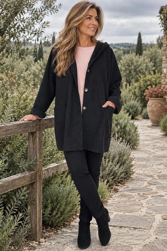 Wool Mix Brushed Double Patch Pocket Italia Button Hooded Coat - Black
