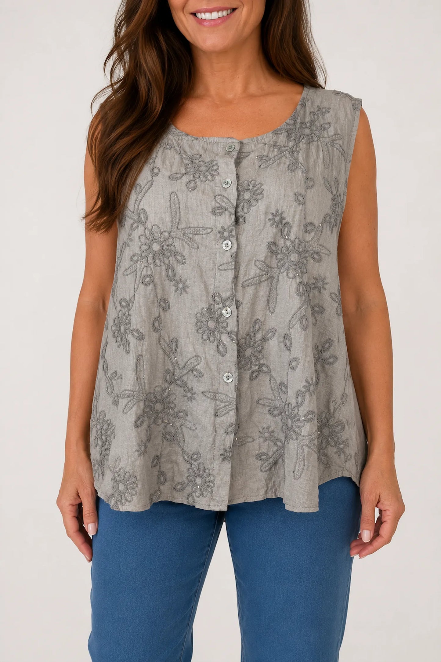 Embroidery Anglaise Golden Sequin Valentina Button Sleeveless Top - Mocha