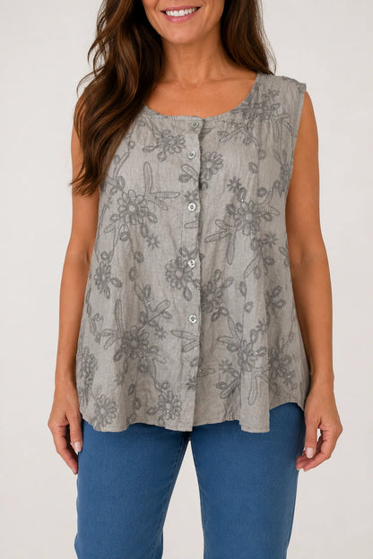 Embroidery Anglaise Golden Sequin Valentina Button Sleeveless Top - Mocha