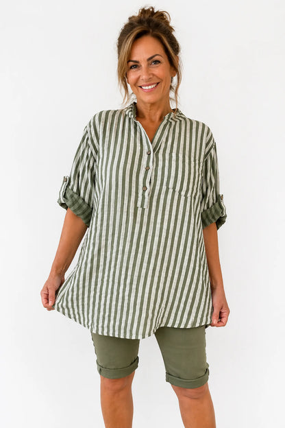 Linen Look Pure Cotton Pocket Detail Cruze Button Sleeve Stripe Shirt - Khaki