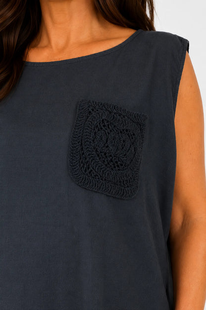 Linen Cotton Mix Button Back Embroidered Crochet Pocket Primrose Vest - Black