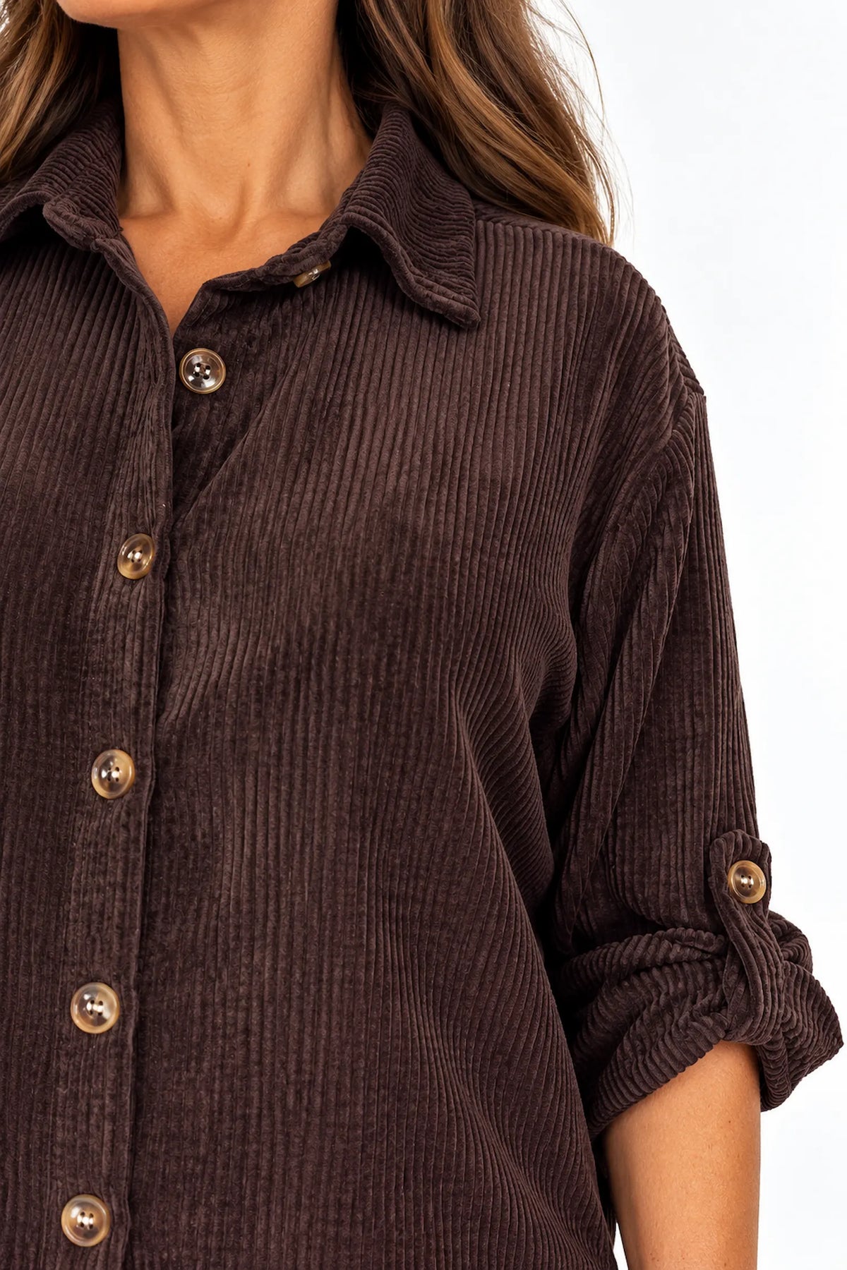 Button Sleeve Sicily Cord Button Shirt - Chocolate