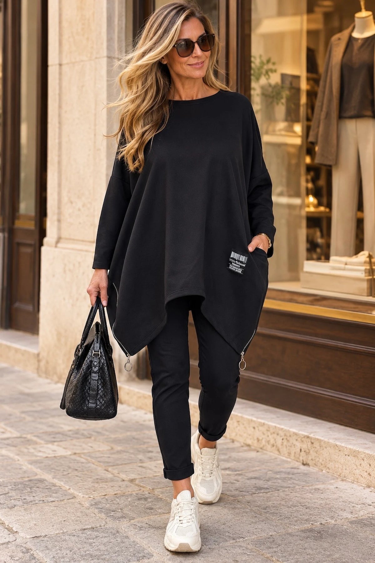 Zipped Hem Badge Detail Double Pocket Lorrie Top - Black