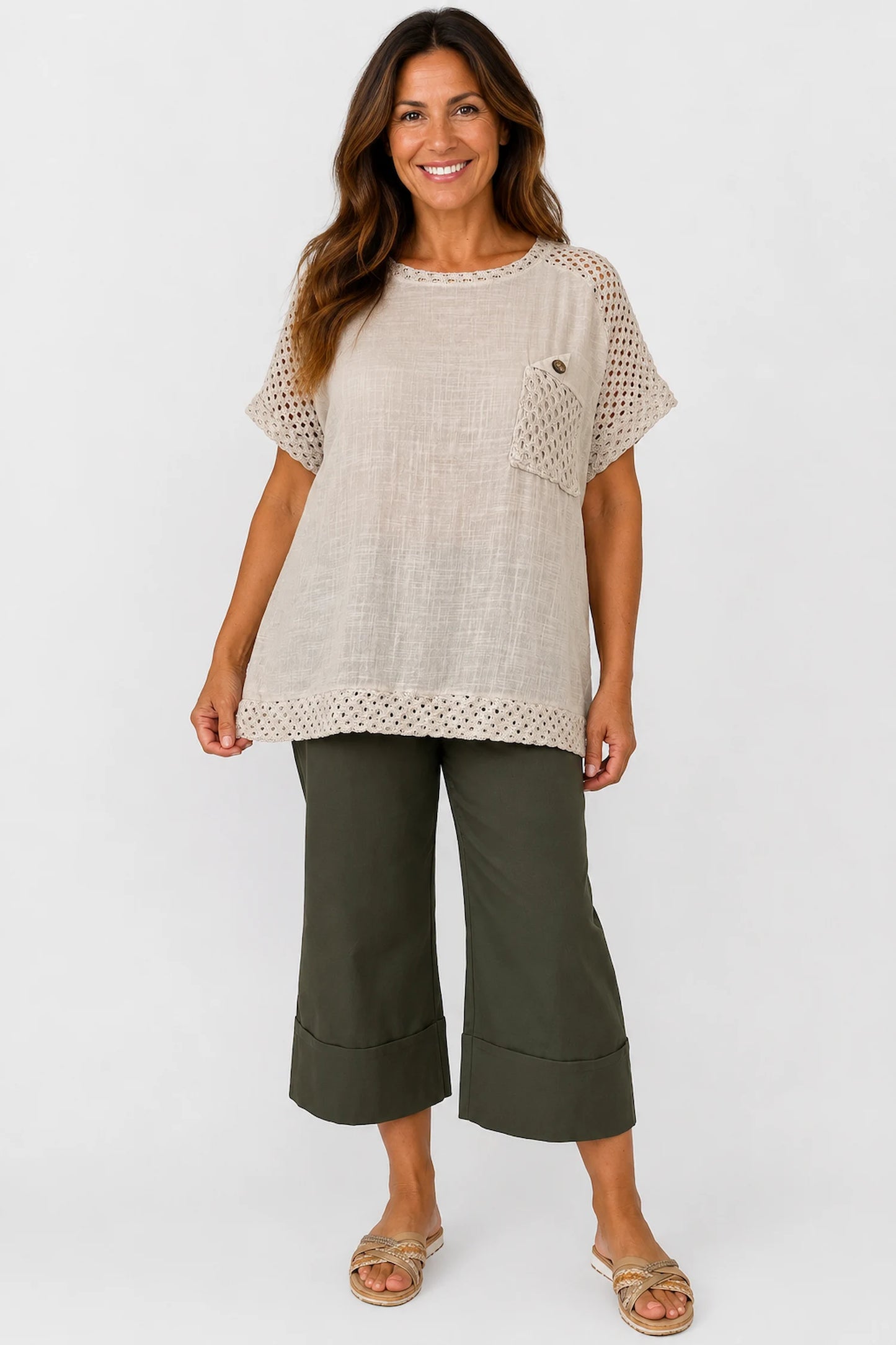 Pure Cotton Crochet Detail Button Pocket Palermo Top - Beige