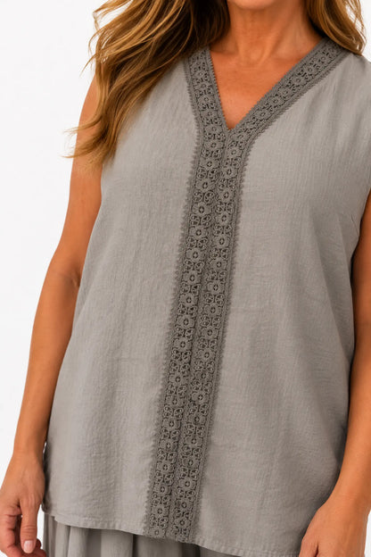 Embroidered Trim Carvela Sleeveless Top - Mocha