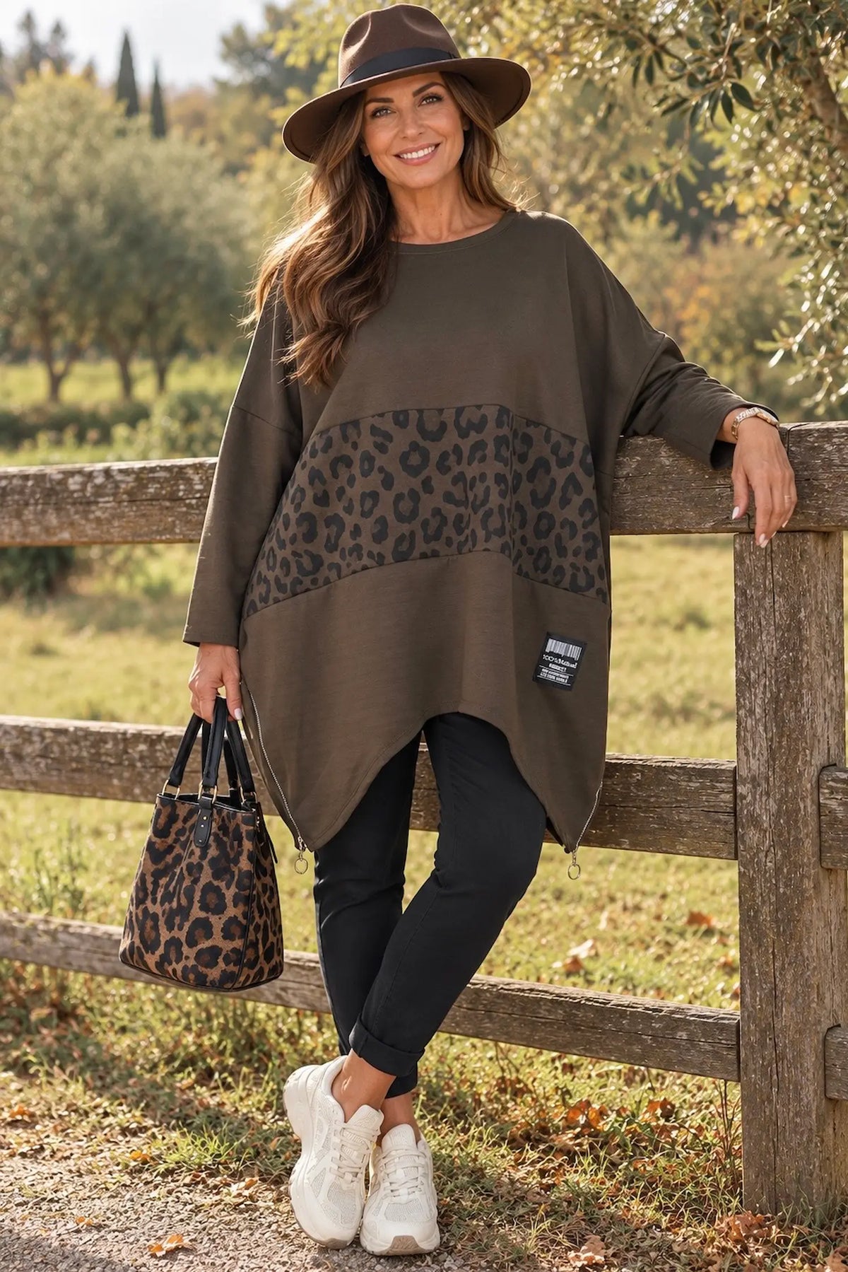 Zipped Hem Leopard Patch Badge Detail Double Pocket Varsia Top - Chocolate