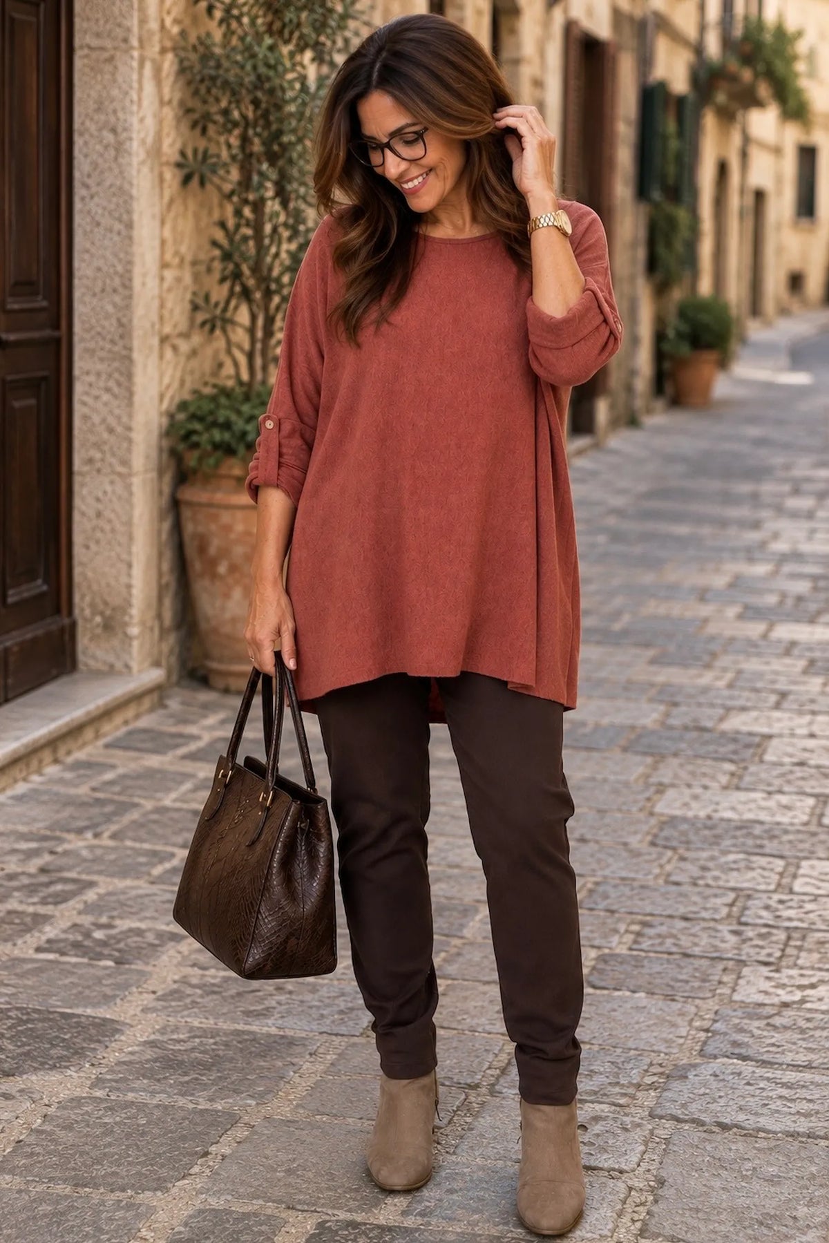 Fine Knit Button Sleeve Batwing Angelica Top - Spice Terracotta