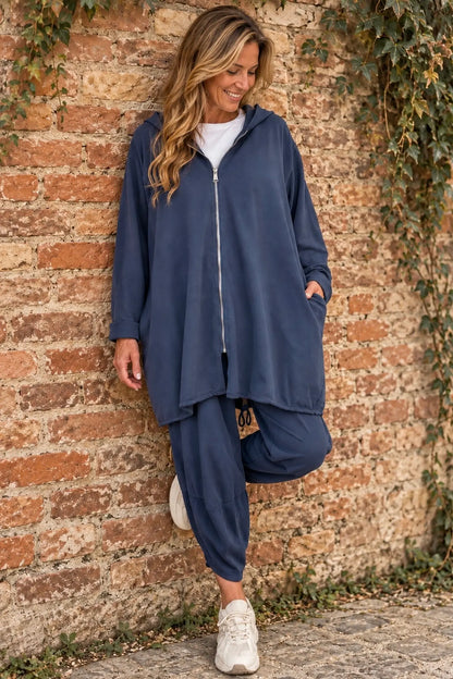 Cotton Double Pocket Kasi Zipped Hooded Jacket - Navy