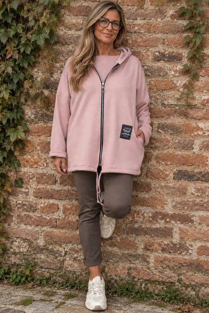 Badge Detail Drawstring Hem Double Pocket Viera Zipped Hooded Jacket - Rosewood Pink