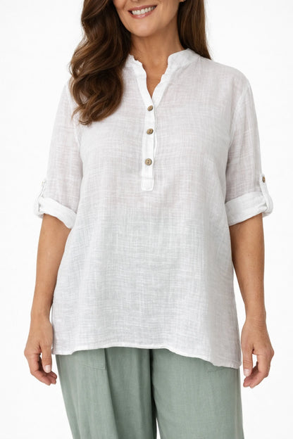 Linen Look Pure Cotton Button Sleeve Diana Button Shirt - White