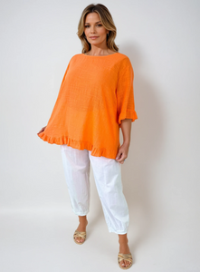 Pure Cotton Linen Look Frill Top - Orange