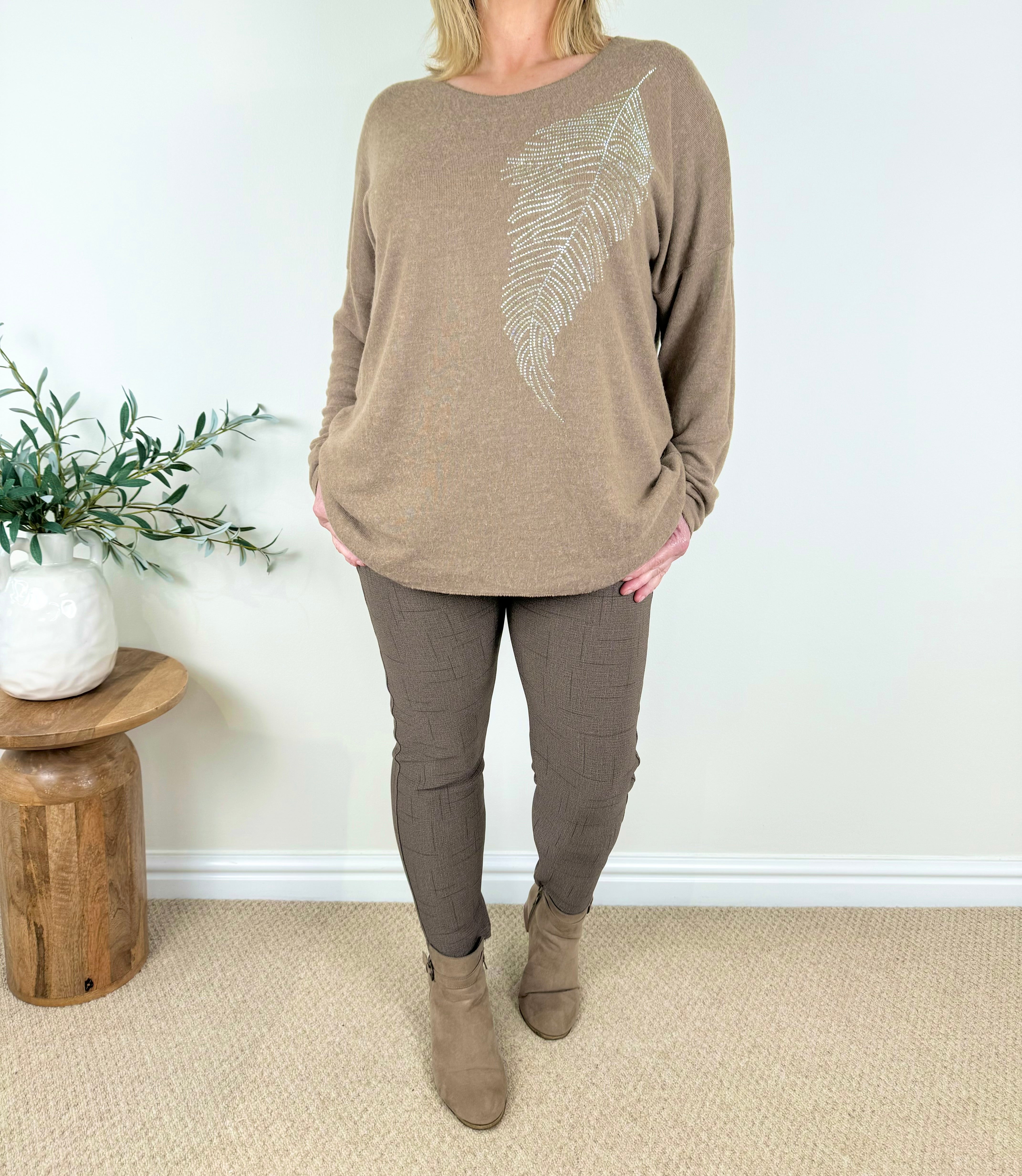 Wool Mix Diamanté Leaf Italia Soft Knit Top AW24