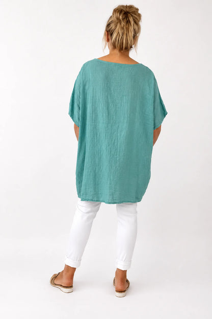 Pure Cotton Double Pocket Coté Tunic Top - Teal