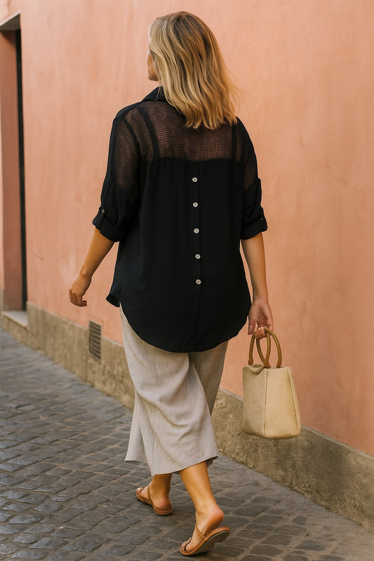 Luxury Stitch Button Back Mesh Detail Button Sleeve Pocketed Margaux Shirt - Black