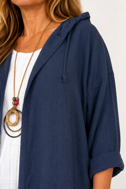 Drawstring Hem Lightweight Hooded Amirella Jacket - Navy