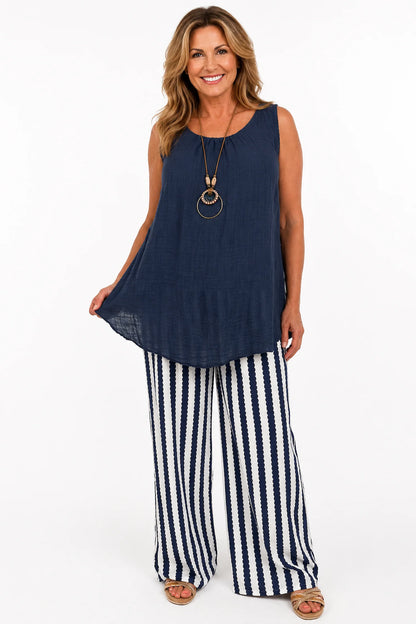 Double Pocket Cassia Belted Stripe Trousers - Navy/White
