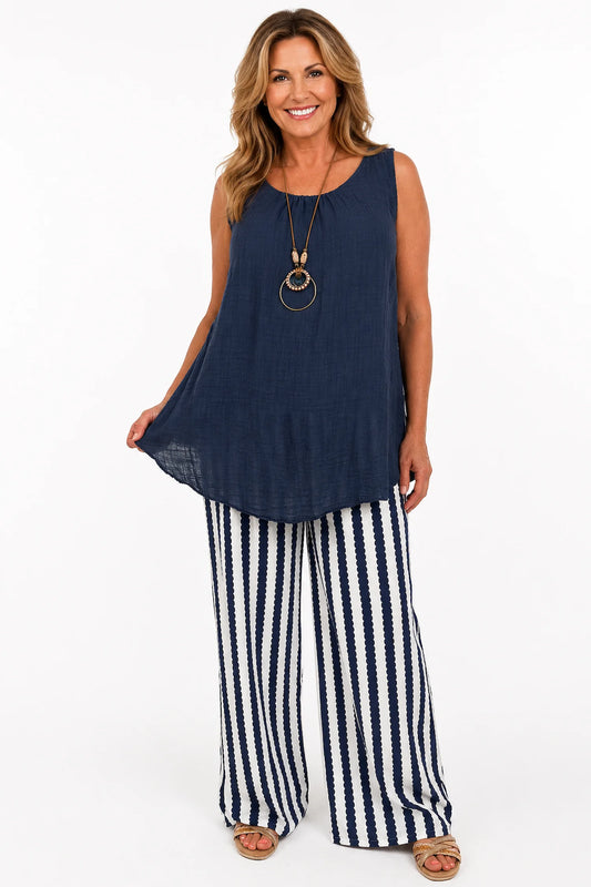 Double Pocket Cassia Belted Stripe Trousers - Navy/White
