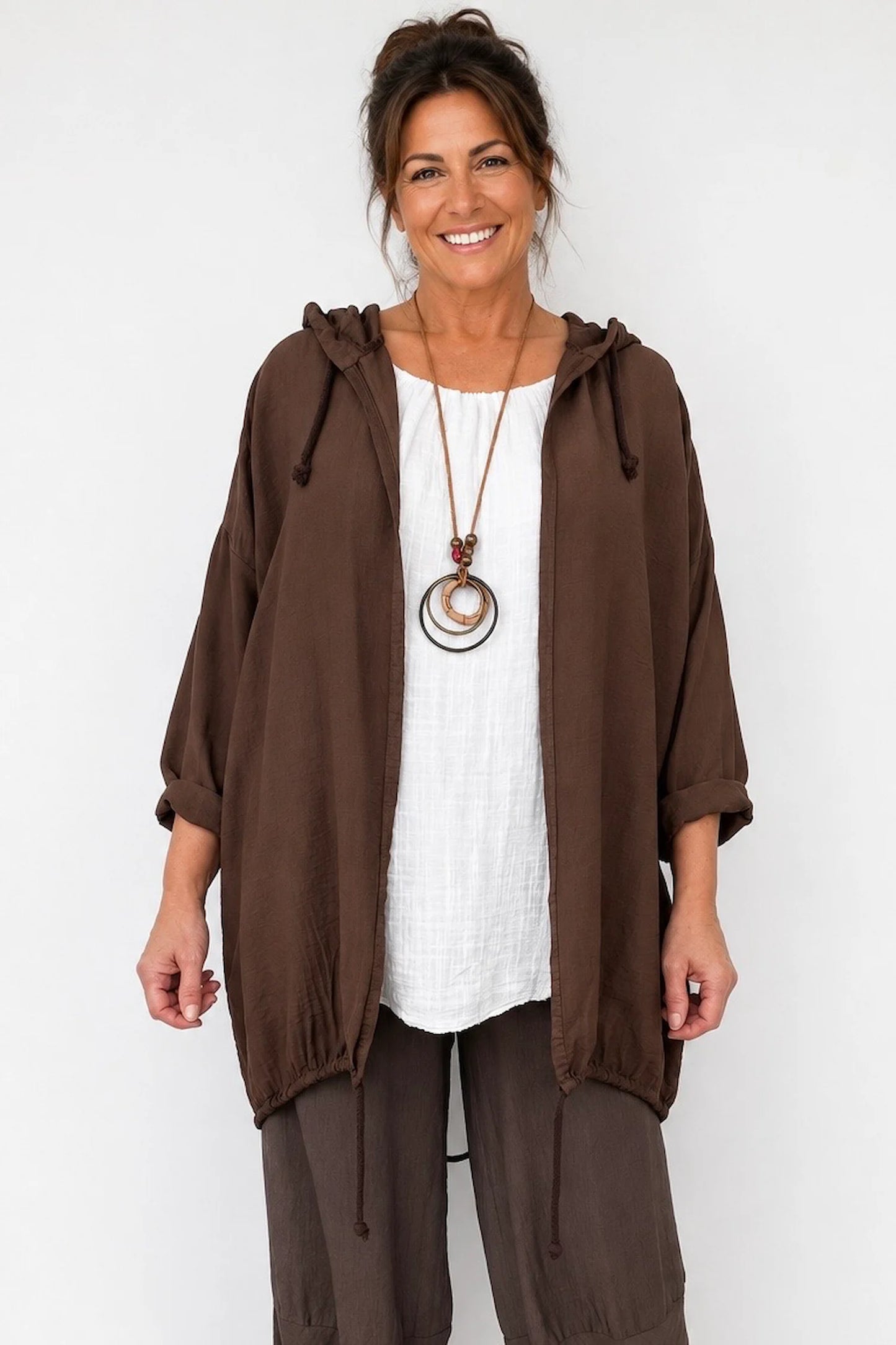 Drawstring Hem Lightweight Hooded Amirella Jacket - Chocolate