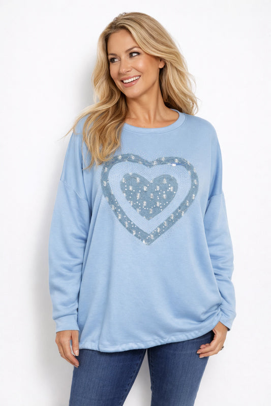 Denim Diamanté Sparkle Heart Veronica Tied Back Detail Sweatshirt - Baby Blue