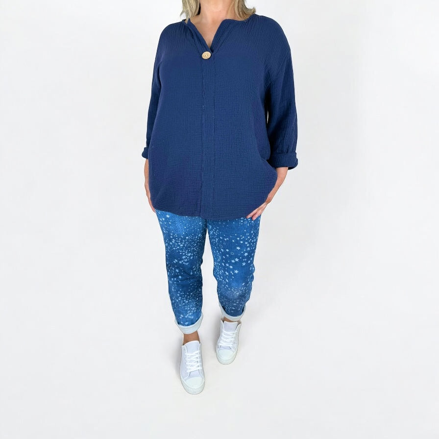 Bubble Cotton One Button Brielle Shirt - Navy