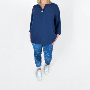 Bubble Cotton One Button Brielle Shirt - Navy