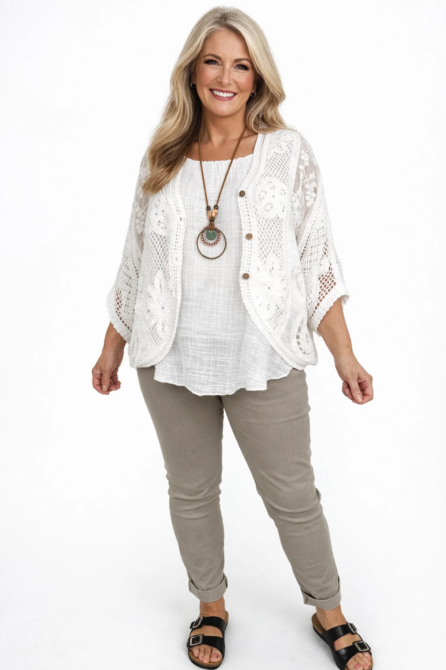 Cotton Juliana Button Batwing Crochet Floral Cardigan - White